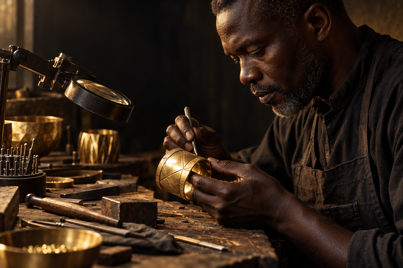 Conceptual portrait of an African goldsmith carefully finishing a gold cuff