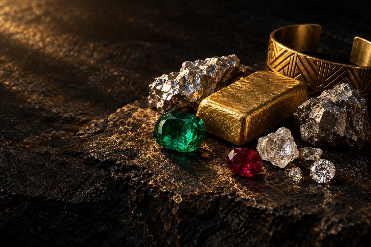 Conceptual still life of precious metals, cut and rough gemstones on dark stone